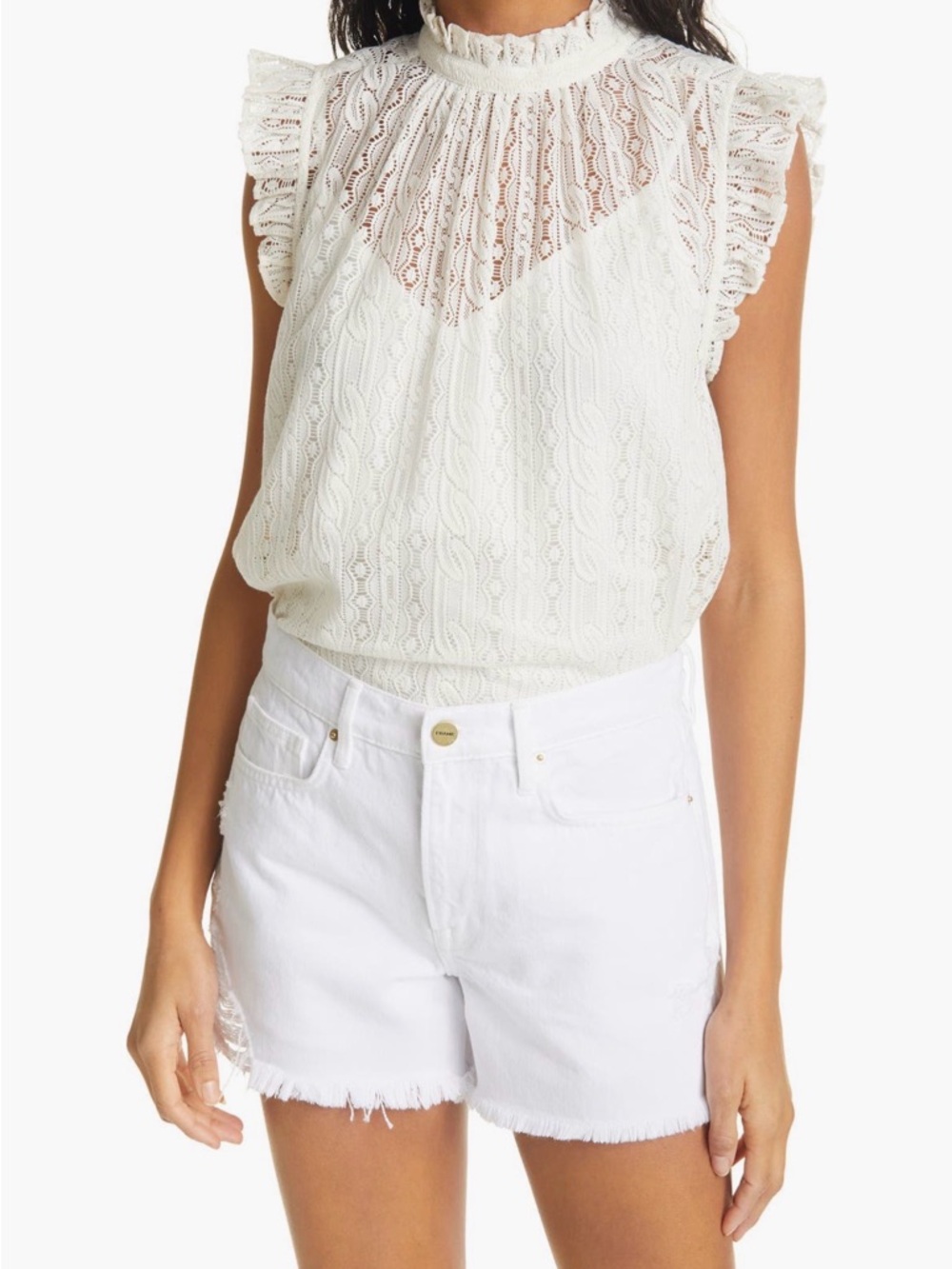 FRAME White Lace Ruffle High-Neck Blouse